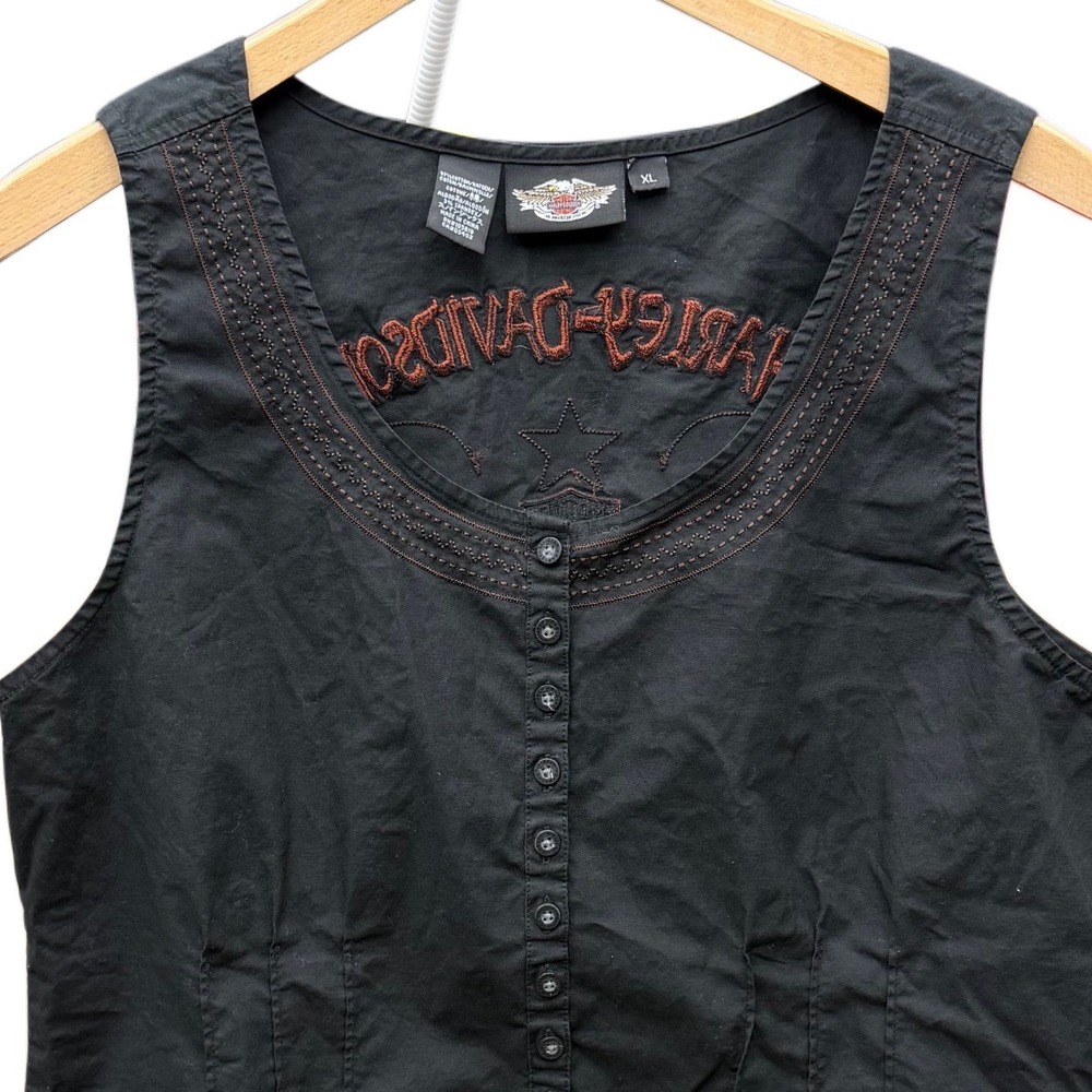 Harley-Davidson Womens‎ XL Black Embroidered Vest Biker Moto Button Front - Picture 6 of 8